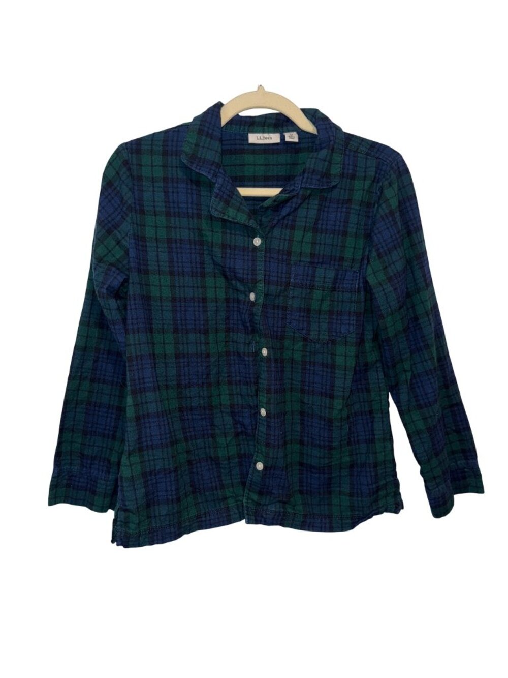 L.L. Bean Womens XSP Green & Blue Plaid Button-Down Flannel Shirt
